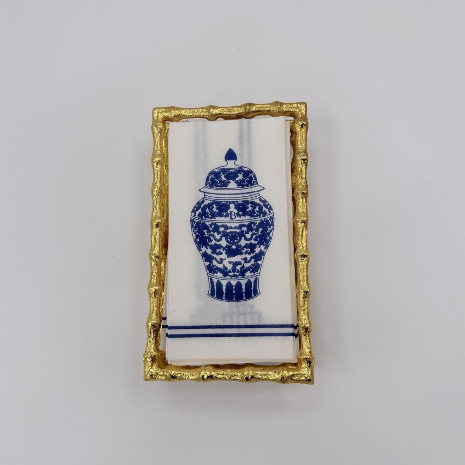 Bamboo-Style Napkin Holder in Gold or Nickel – Set of 20 Chinoiserie printed airlaid paper napkins included