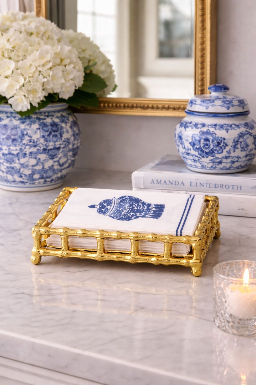 Bamboo-Style Napkin Holder in Gold or Nickel – Set of 20 Chinoiserie printed airlaid paper napkins included