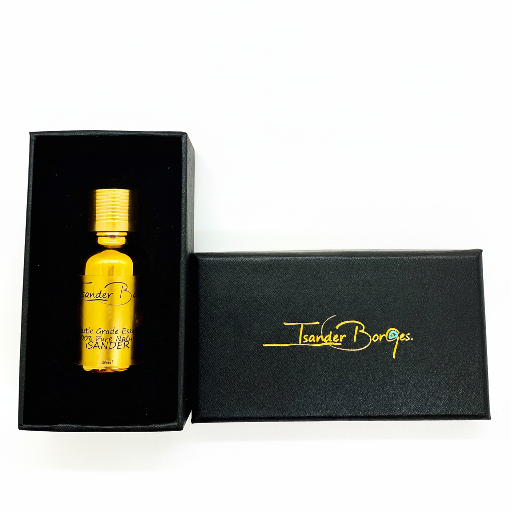 The essential Oil with packaging on white background